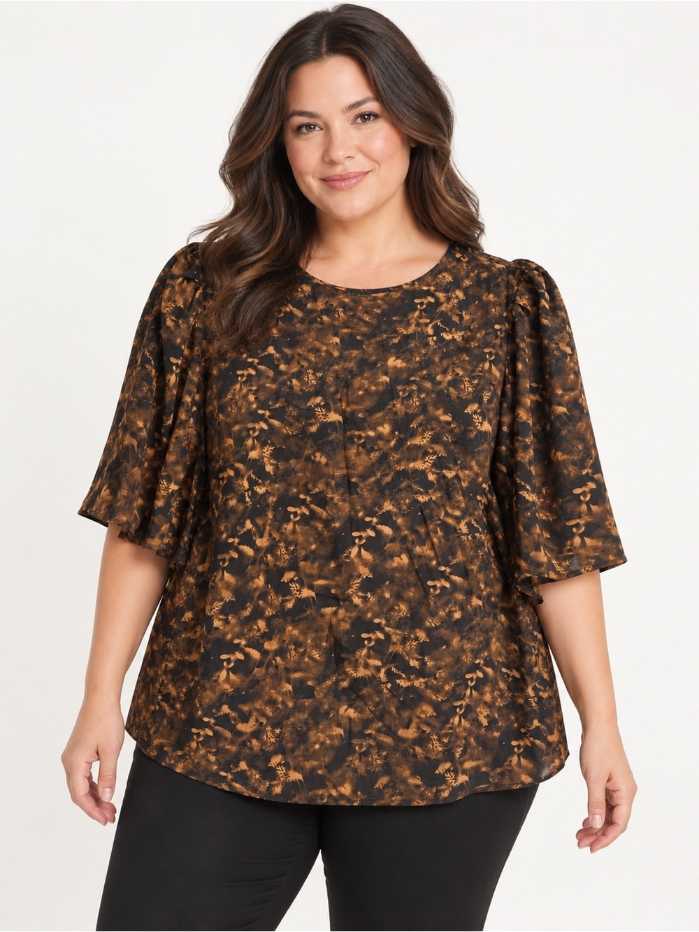 Calvin Klein XL Brown Black Abstract Puff Sleeve Blouse